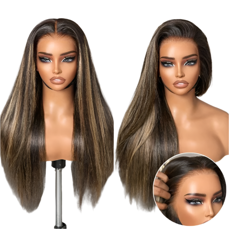 Blonde highlight silky straight 13 x 4 lace wig on manneguin head