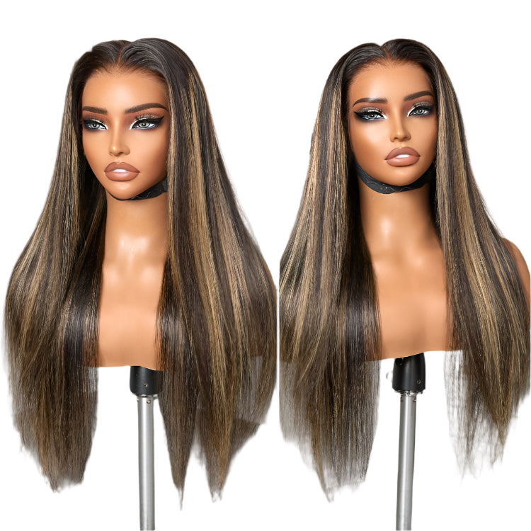 Blonde highlight silky straight 13 x 4 lace wig on mannequin head