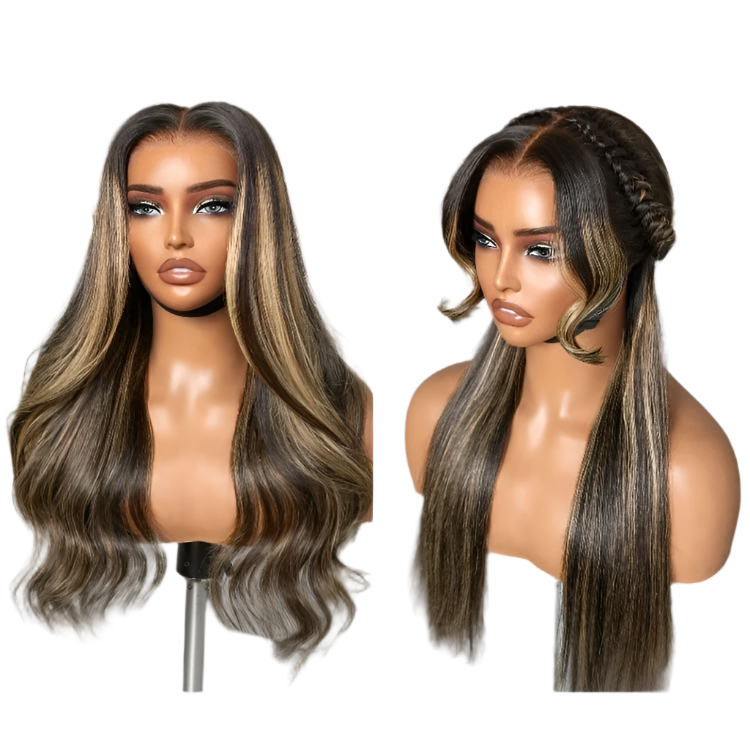 Blonde highlight silky straight 13 x 4 lace wig on mannequin head
